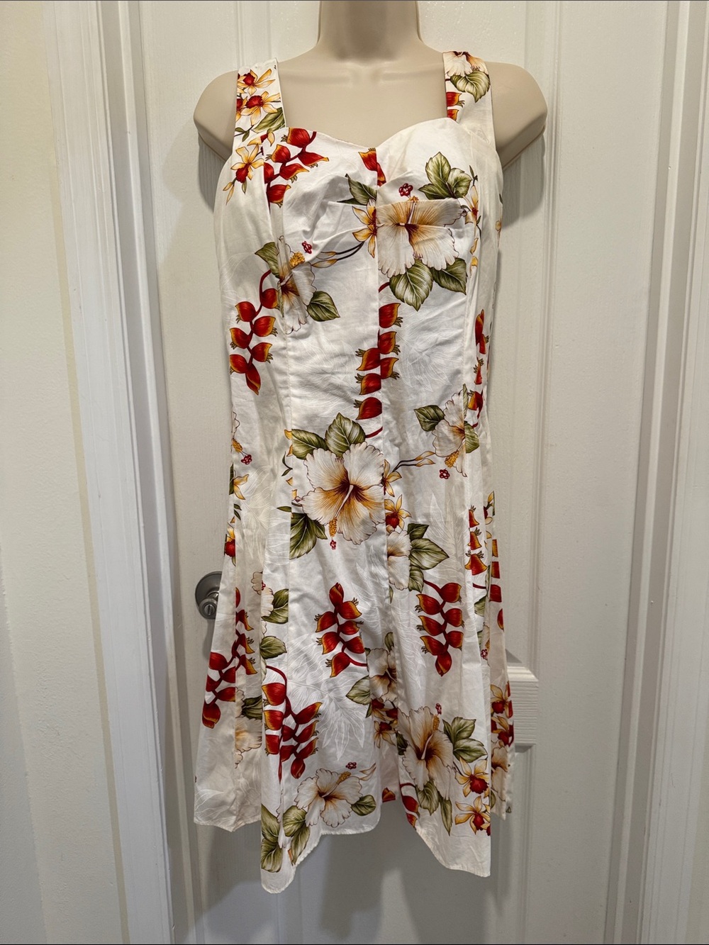 White Floral Midi Dress with Red and Green Blossoms
